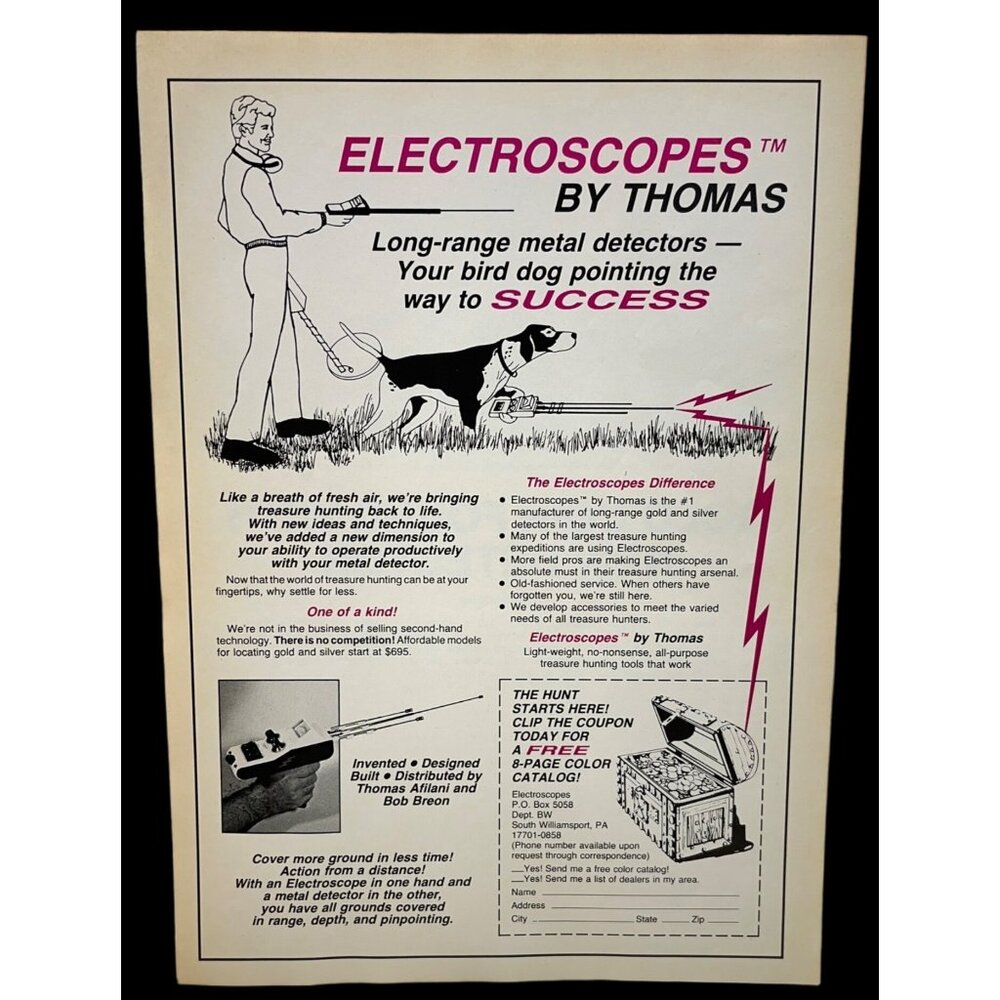 Electroscopes by Thomas Print Ad Vintage 80s Metal Detecting South Williamsport